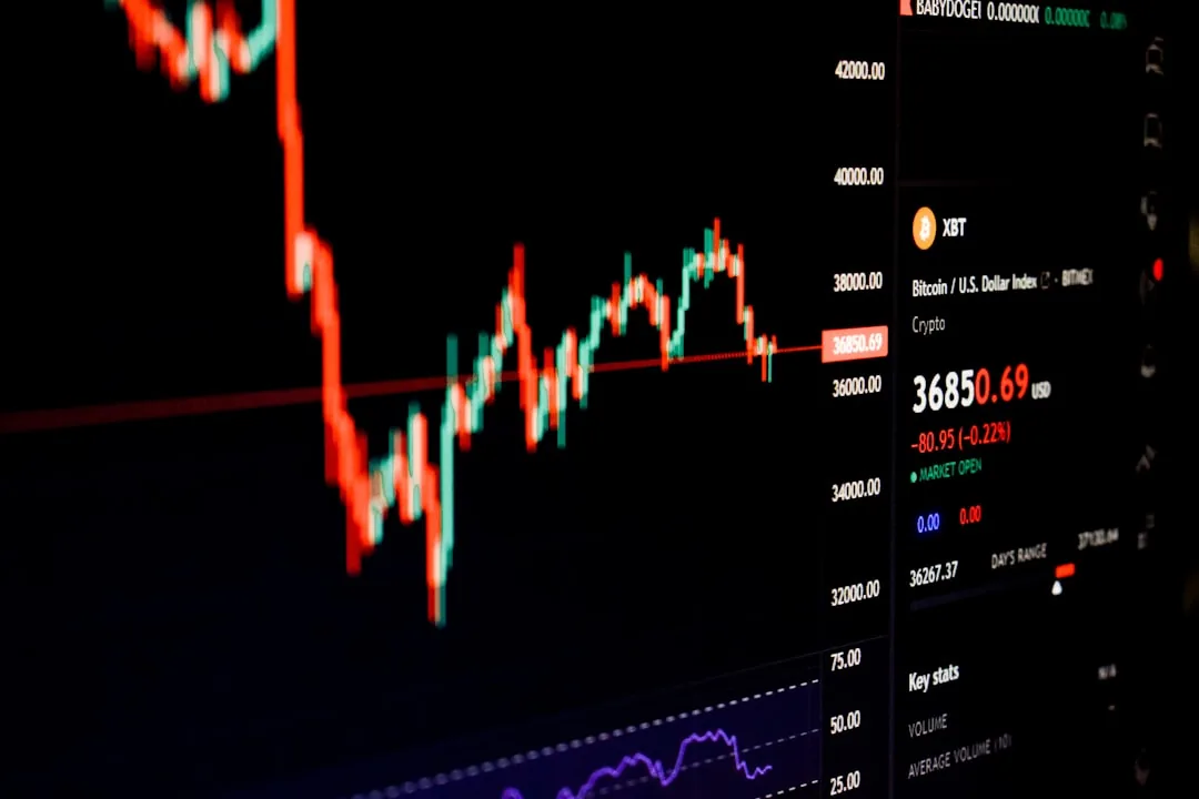 코인 차트 아래에 RSI·MACD·볼린저밴드 보조지표가 함께 표시된 트레이딩 화면을 상징하는 이미지