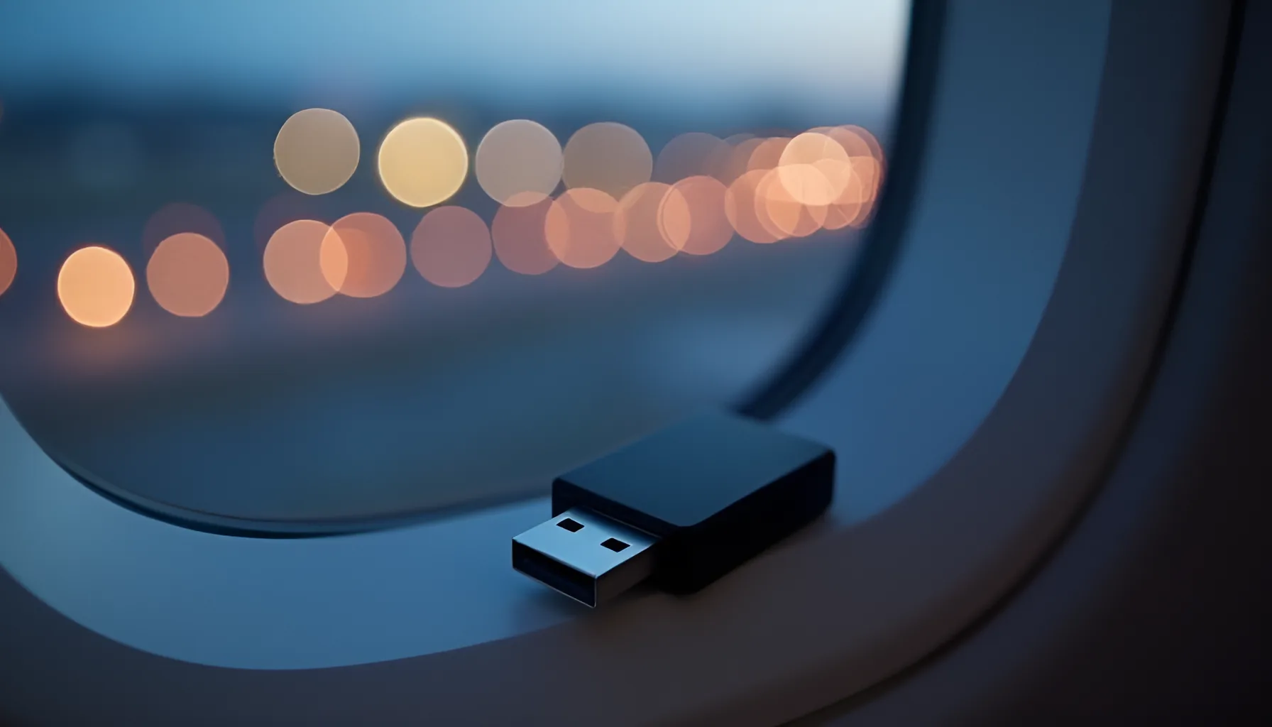 해 질 녘 비행기 창틀 위에 검은 USB 형태의 작은 기기가 놓여 있고, 창밖으로 활주로 불빛이 흐릿한 빛망울로 번져 있는 사진