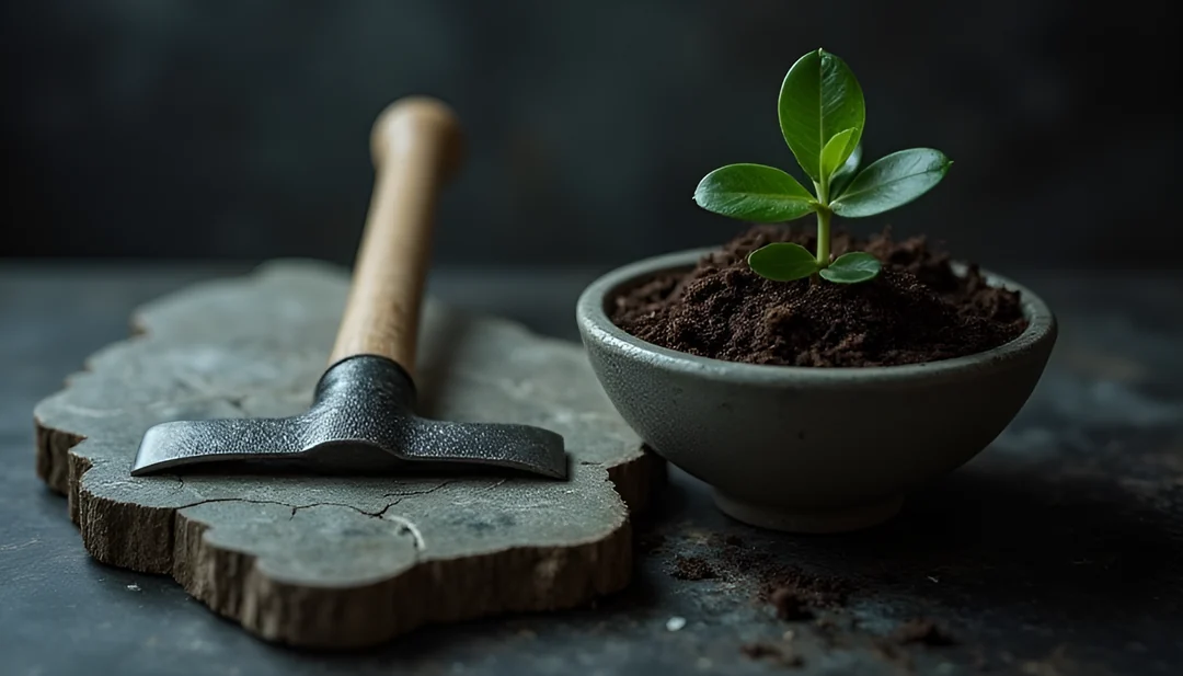 어두운 바닥의 돌판 위에 놓인 곡괭이와 그 옆 흙 사발에서 자라는 초록 새싹을 나란히 담은 사진 — 캐내는 작업증명과 심어 기르는 지분증명의 차이를 은유한 보조 이미지