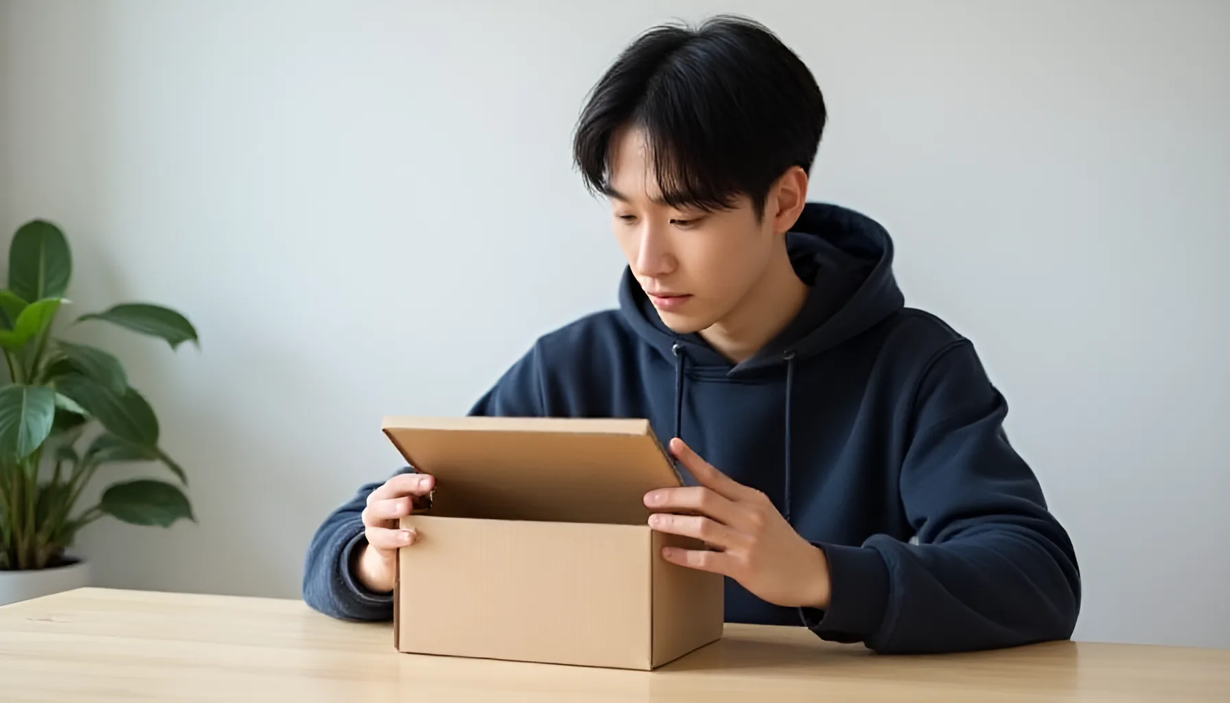 남색 후드티를 입은 남성이 책상에서 무지 종이 상자 뚜껑을 두 손으로 여는 모습